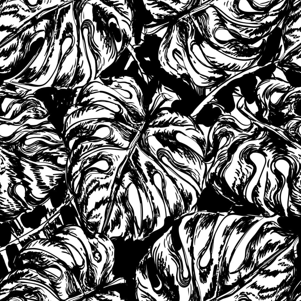naadloos zwart-wit patroon met exotische bladeren van munster vector