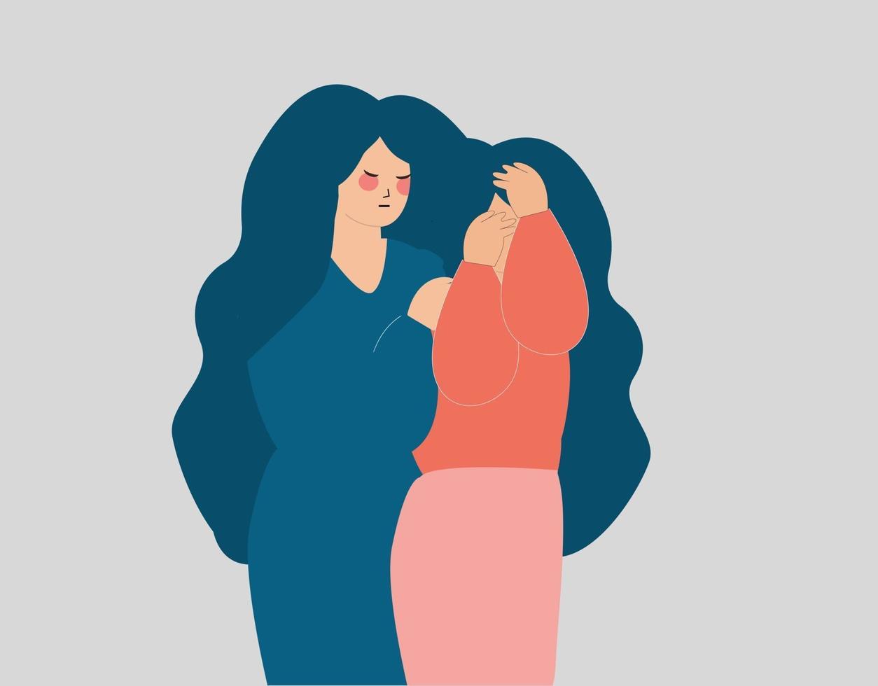 depressieve vrouw die haar gezicht bedekt en wordt ondersteund door haar vriend. vector