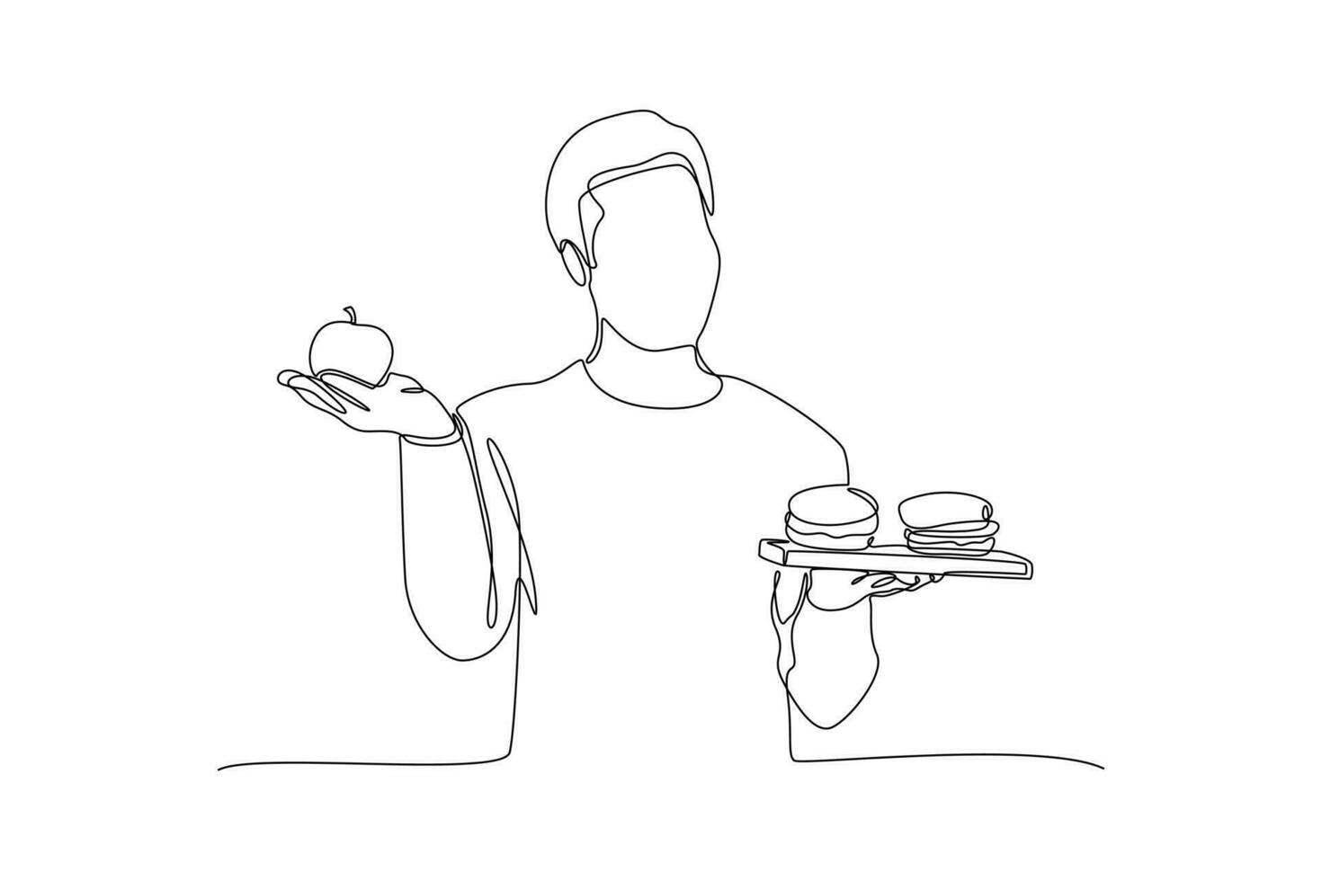 doorlopend een lijn tekening gezond vs ongezond voedsel. voedsel voeding concept. tekening vector illustratie.