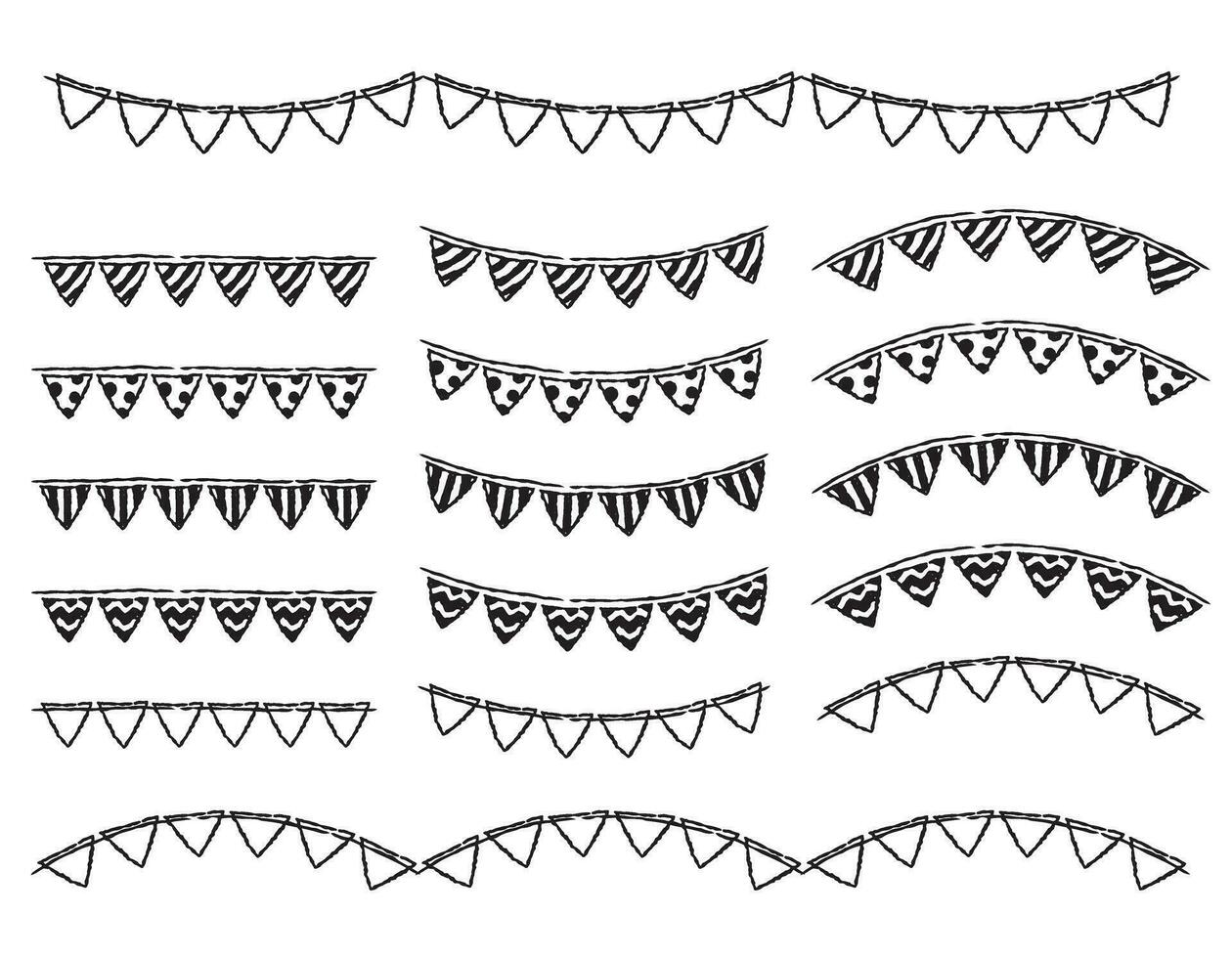 partij vlaggen met doodles voor vakantie decoratie. lijn Aan een transparant achtergrond. hand- getrokken schetsen. hand- getrokken vector illustratie. partij tekening in tekening stijl. carnaval decoratie