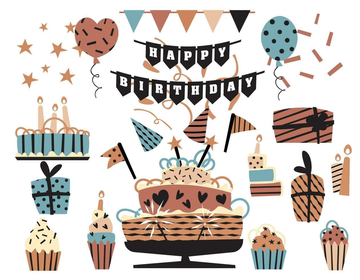 reeks van feestelijk verjaardag elementen, taarten, cupcakes, ballen, vuurwerk, geschenken, vlaggen, snoepjes. vector grafiek voor verjaardag, voor kaart ontwerp, papier ontwerp, afdrukken.