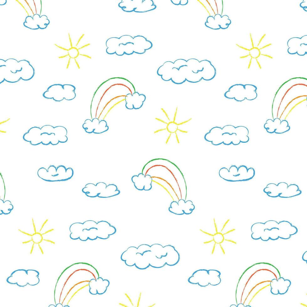 wolk patroon met regenboog Aan geïsoleerd achtergrond, kinderen ontwerp voor afdrukken, naadloos patroon, vector, tekening illustratie vector