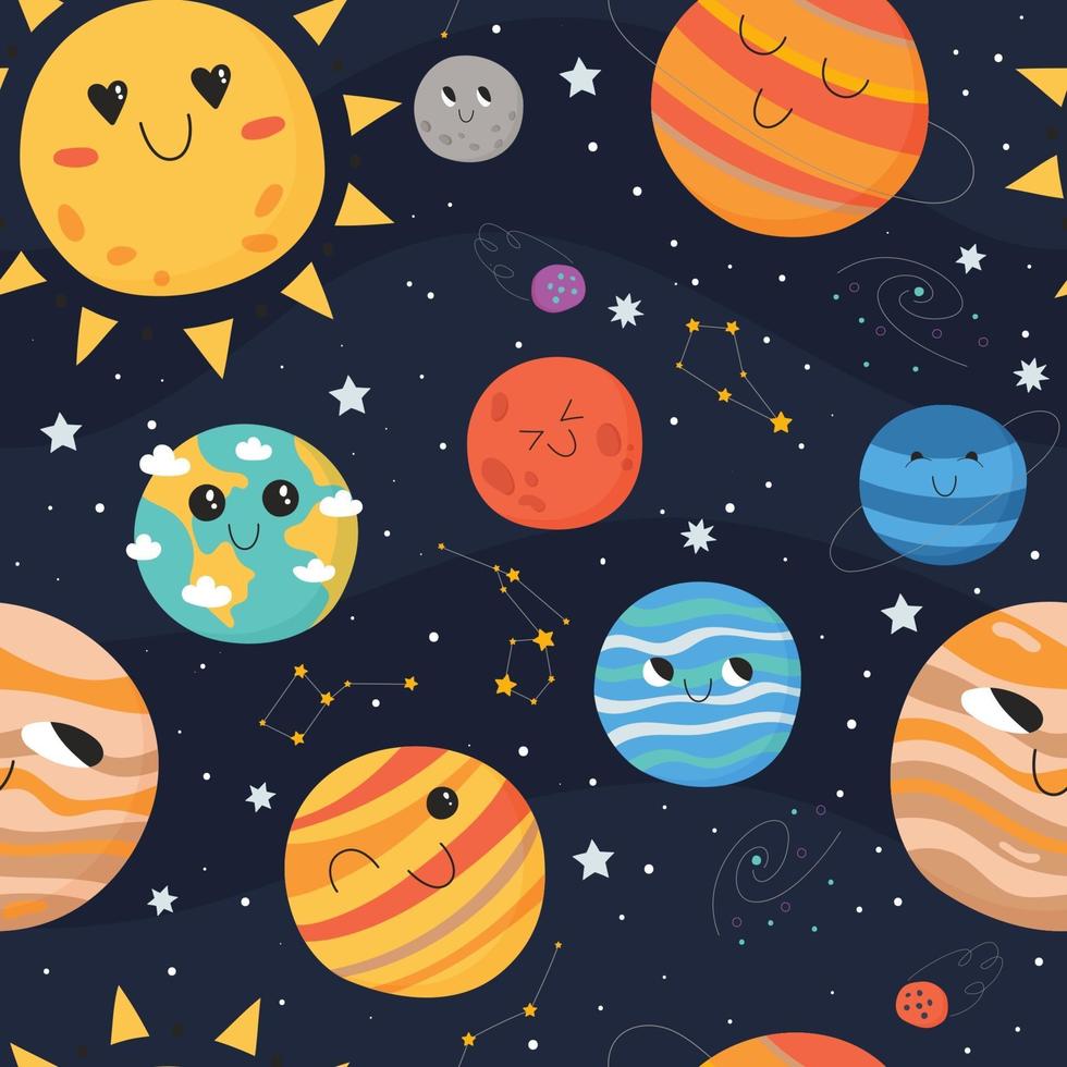 schattig naadloos patroon voor kinderen met planeten en ruimte vector