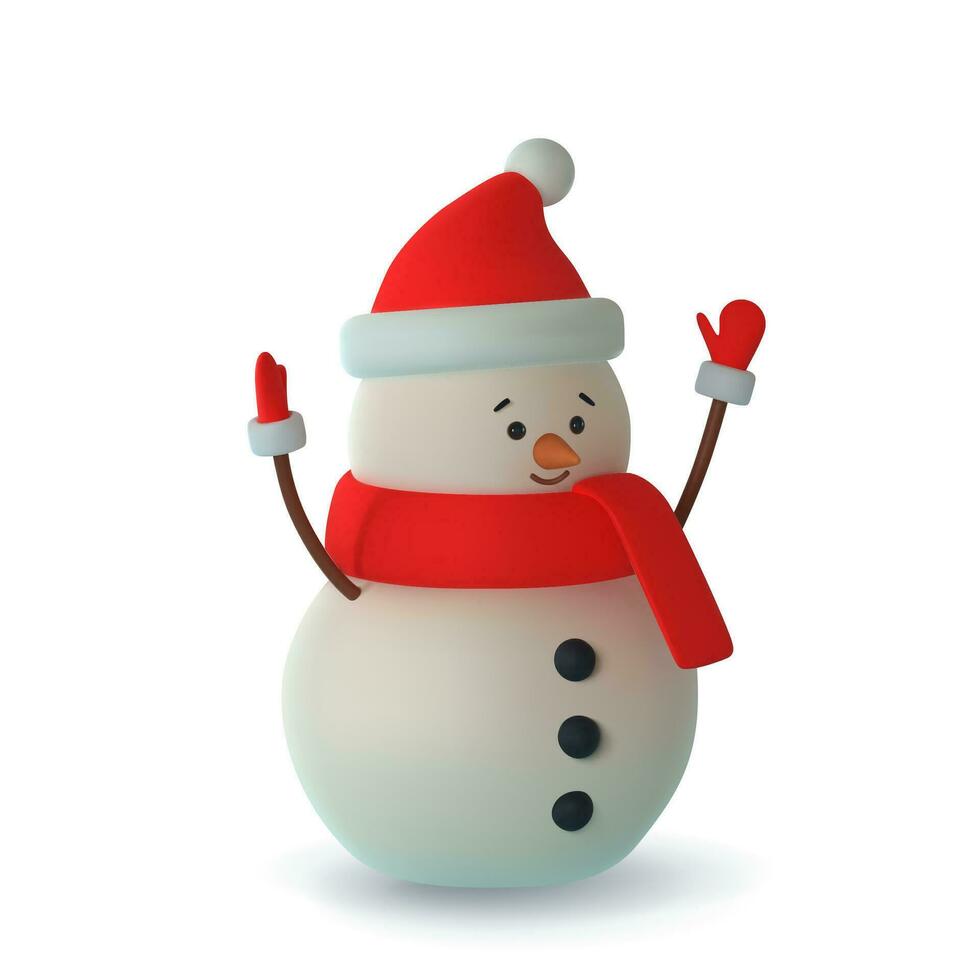realistisch 3d grappig sneeuwman vervelend rood hoed. vrolijk Kerstmis en gelukkig nieuw jaar. vector illustratie