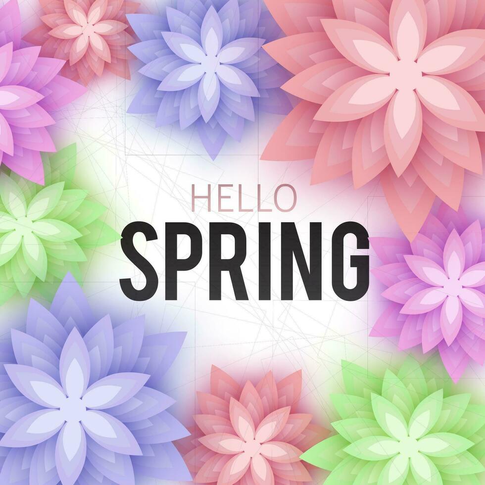 Hallo lente, bloemen groet kaart, papier bloemen. banier met realistisch papier bloemen. vector illustratie