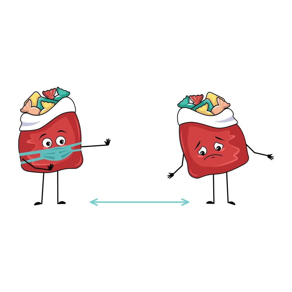rood taskarakter met nieuwjaarsgeschenken met droevige emoties, gezicht en masker vector