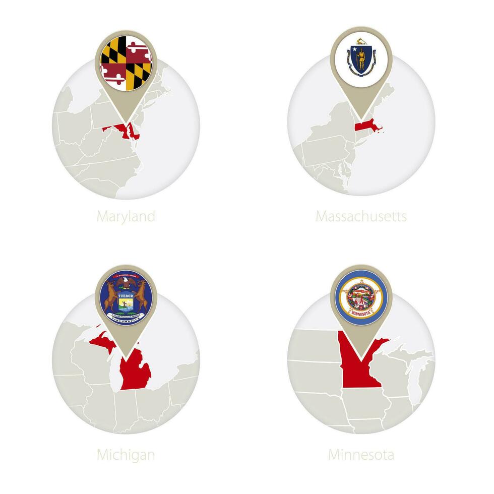 ons staten Maryland, massachusetts, Michigan, Minnesota kaart en vlag in cirkel. vector