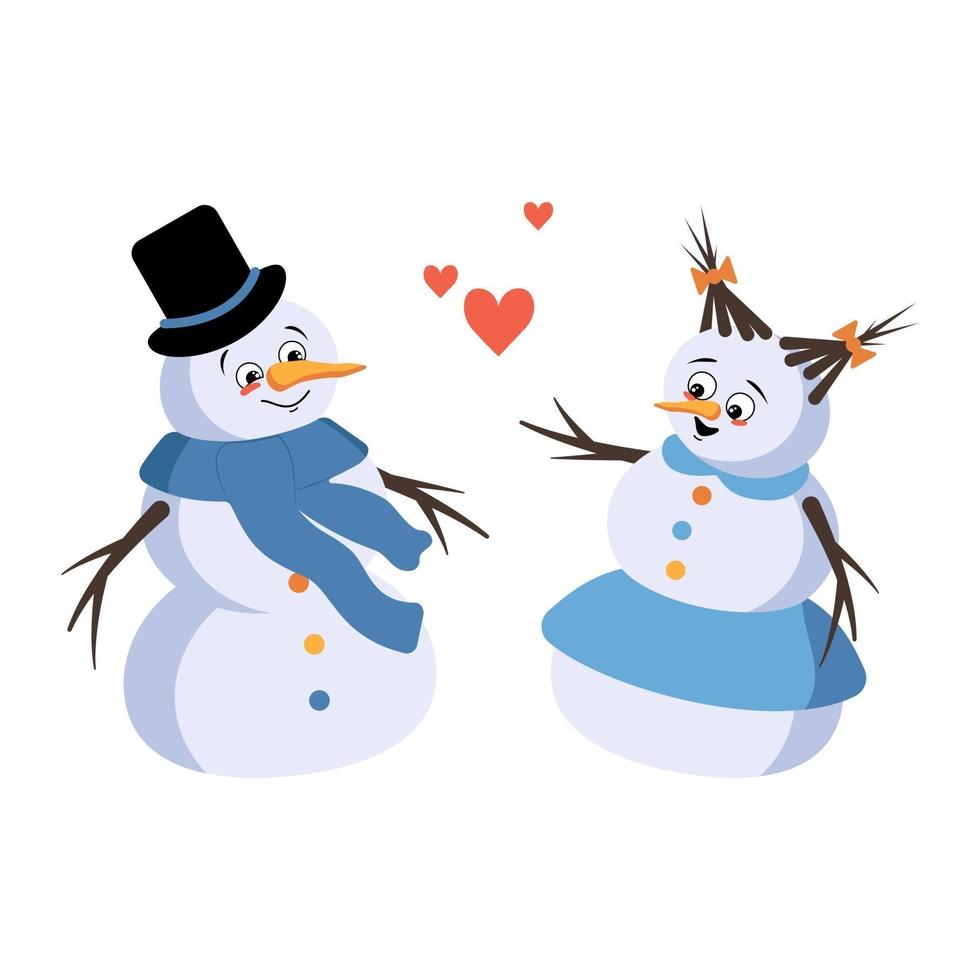 leuke kerstsneeuwman en sneeuwvrouw met liefdeemoties vector