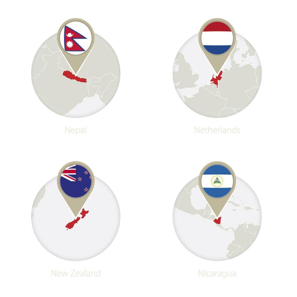 Nepal, nederland, nieuw Zeeland, Nicaragua kaart en vlag in cirkel. vector