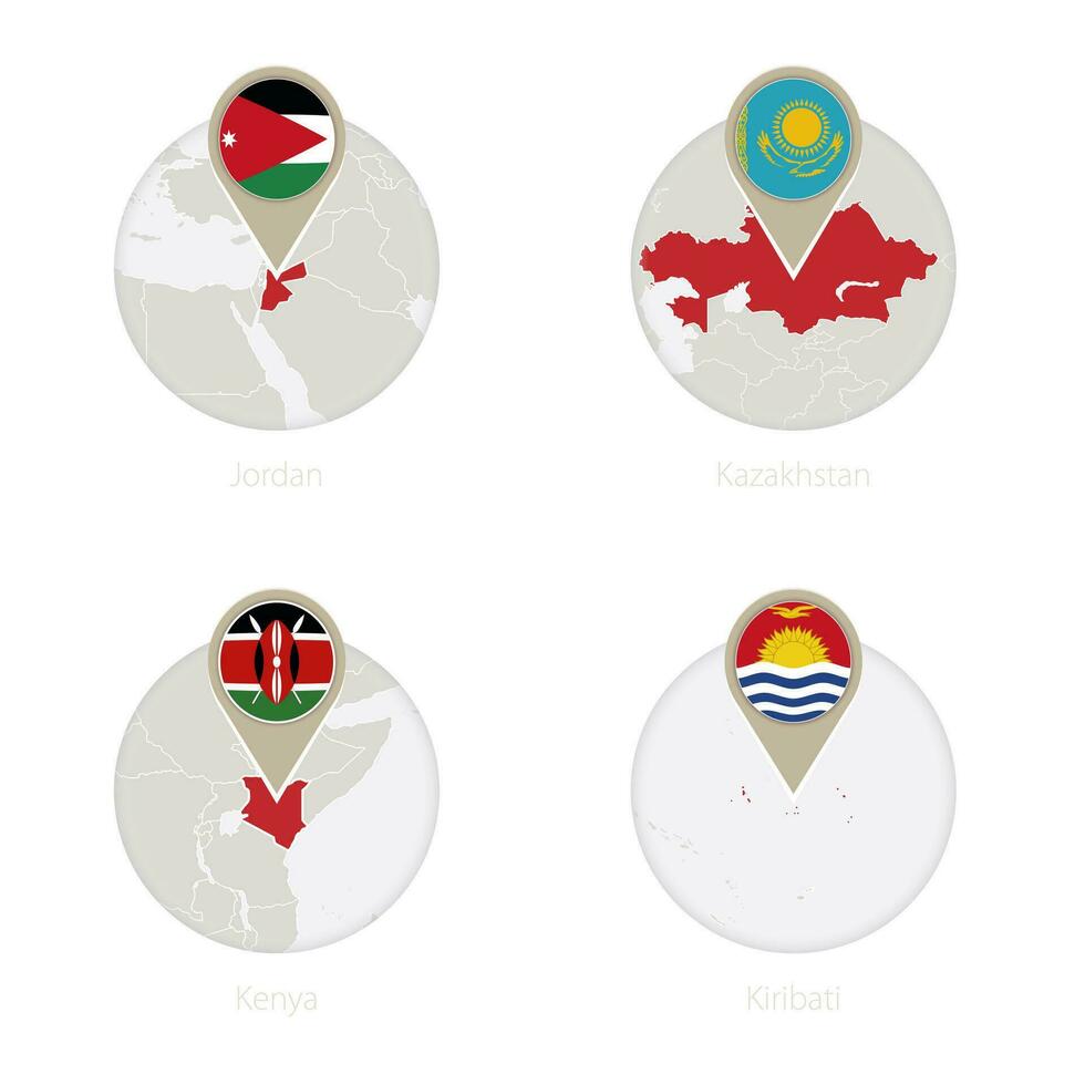 Jordanië, kazachstan, Kenia, Kiribati kaart en vlag in cirkel. vector