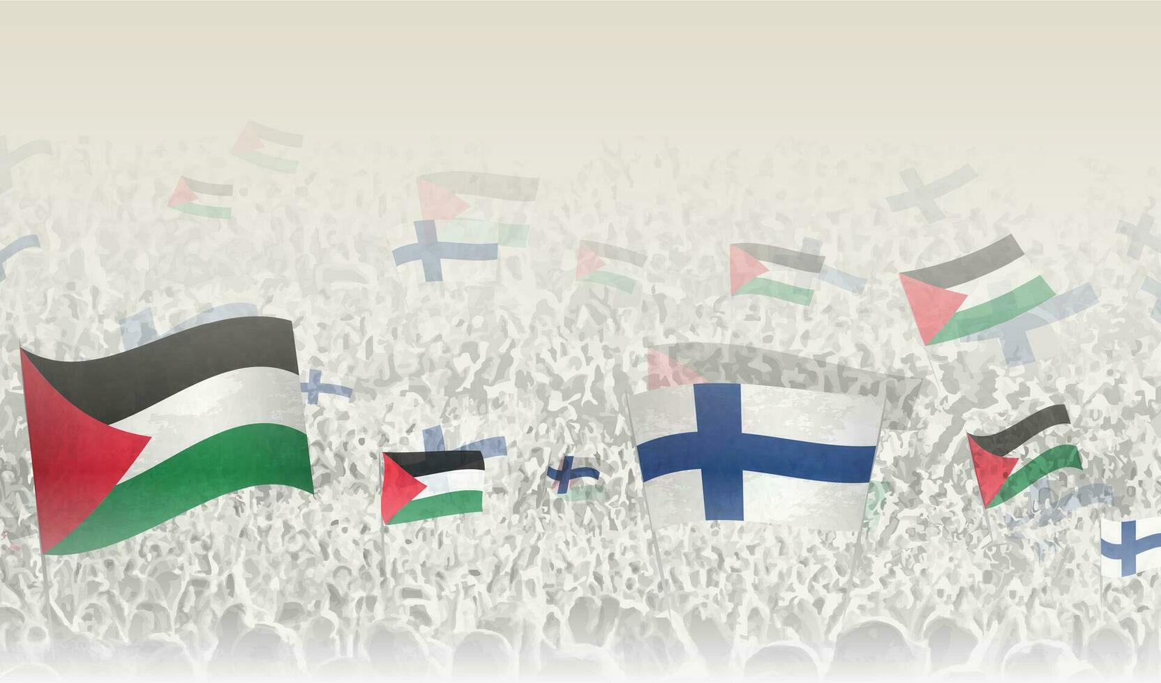 Palestina en Finland vlaggen in een menigte van juichen mensen. vector