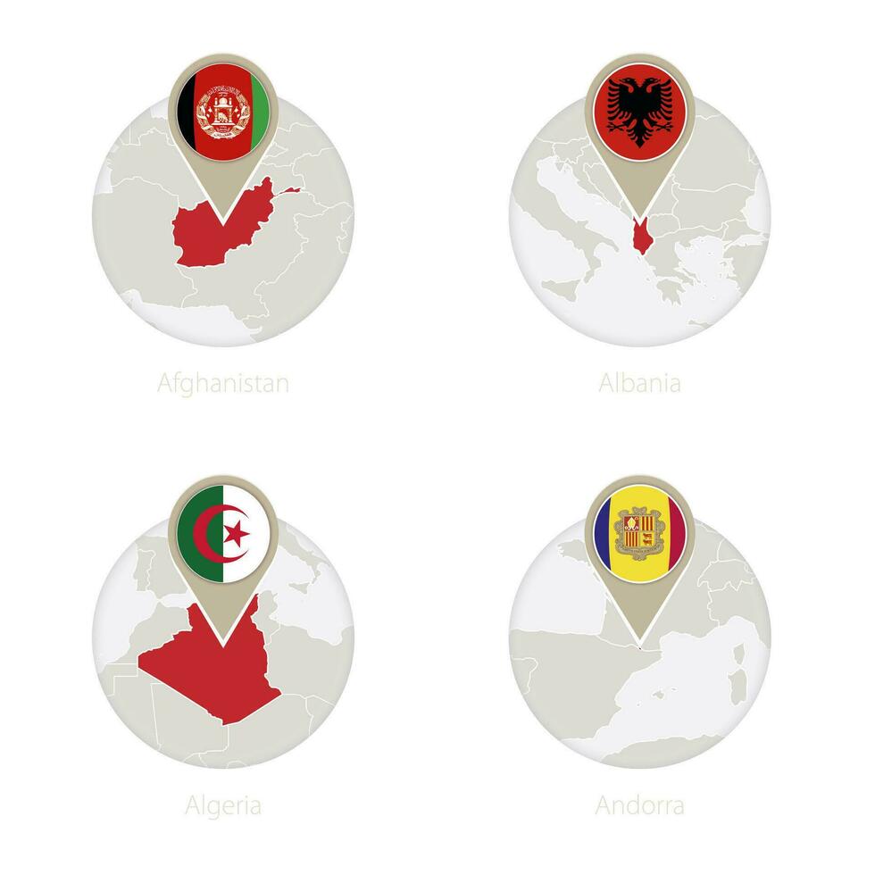 afghanistan, albanië, Algerije, Andorra kaart en vlag in cirkel. vector