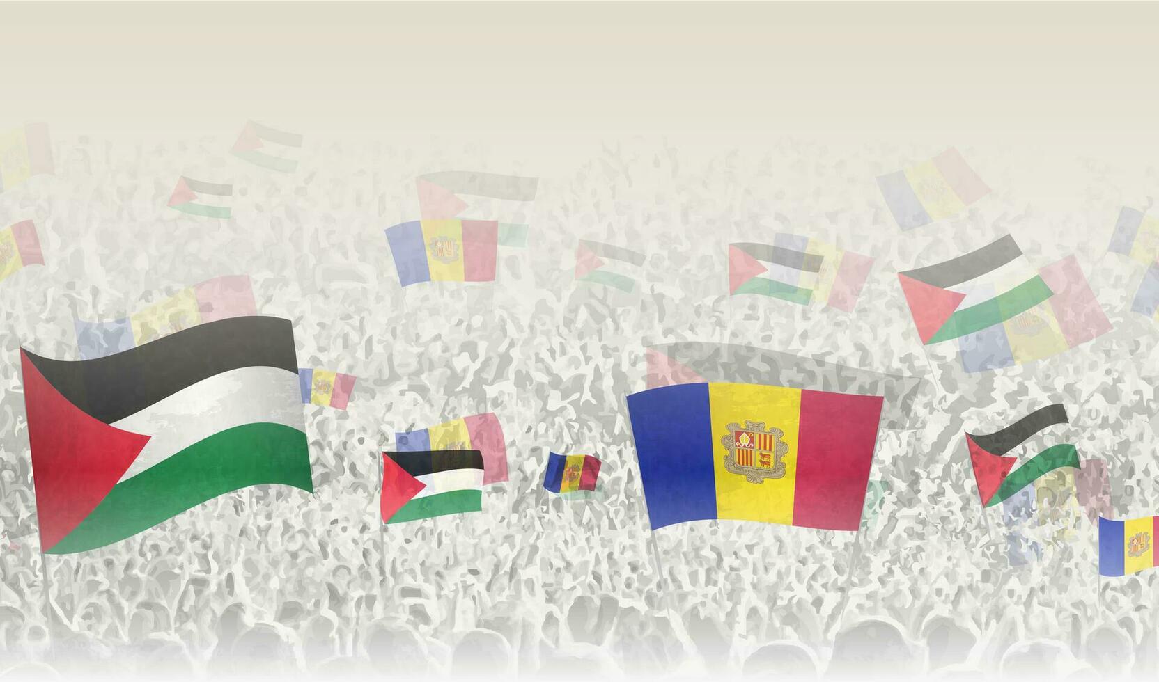 Palestina en Andorra vlaggen in een menigte van juichen mensen. vector