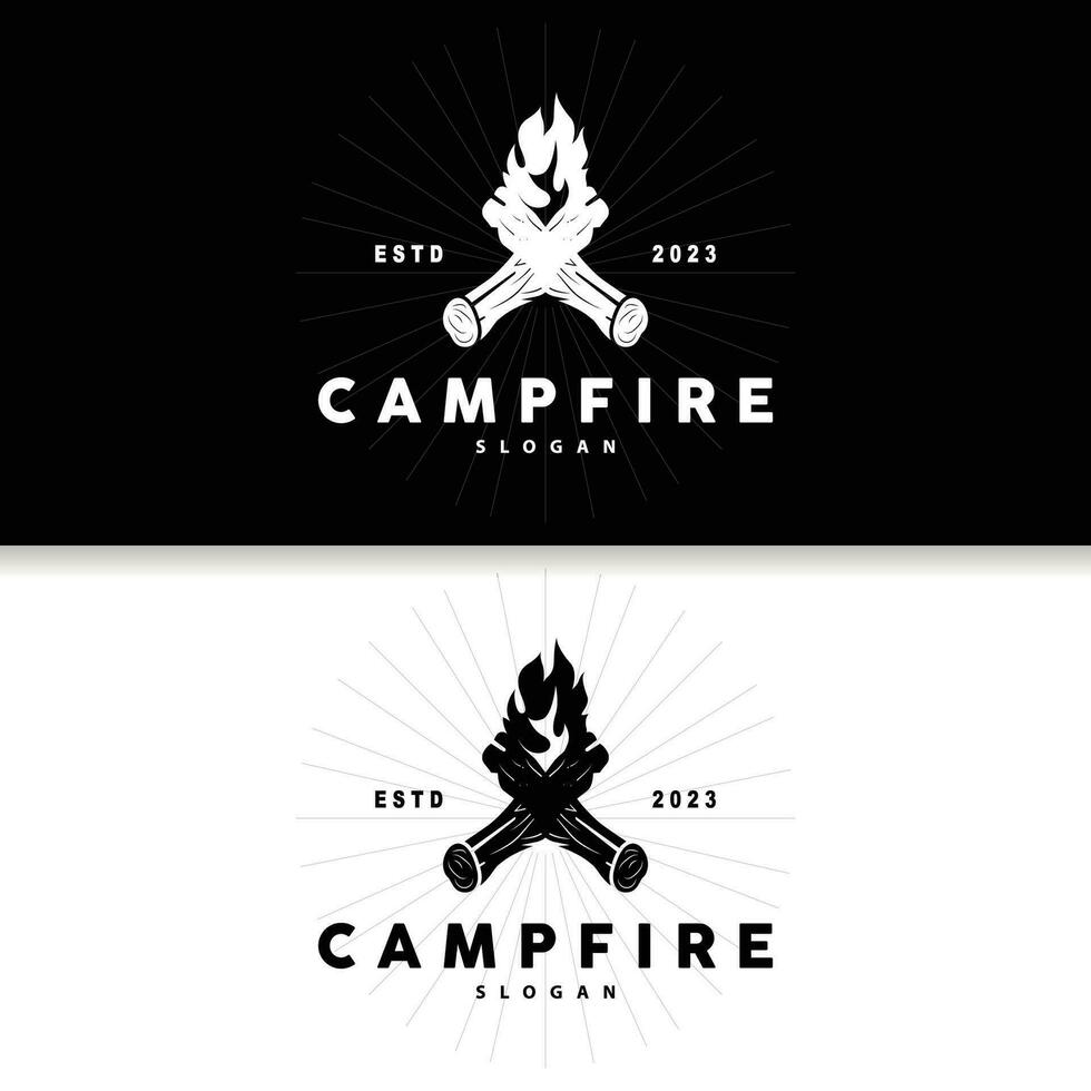 kampvuur logo, vreugdevuur vector, avontuur ontwerp retro wijnoogst illustratie gemakkelijk camping hout brand vector