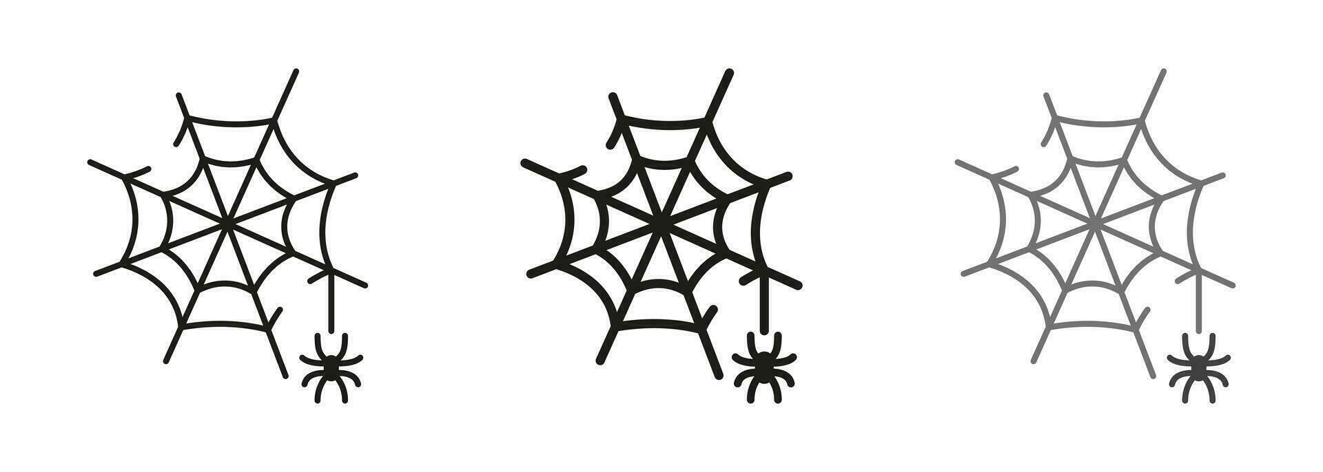 spinnenweb lijn en silhouet icoon set. spookachtig spin web, halloween decoratie pictogram. angst spinneweb val met spin Aan draad symbool verzameling. geïsoleerd vector illustratie.