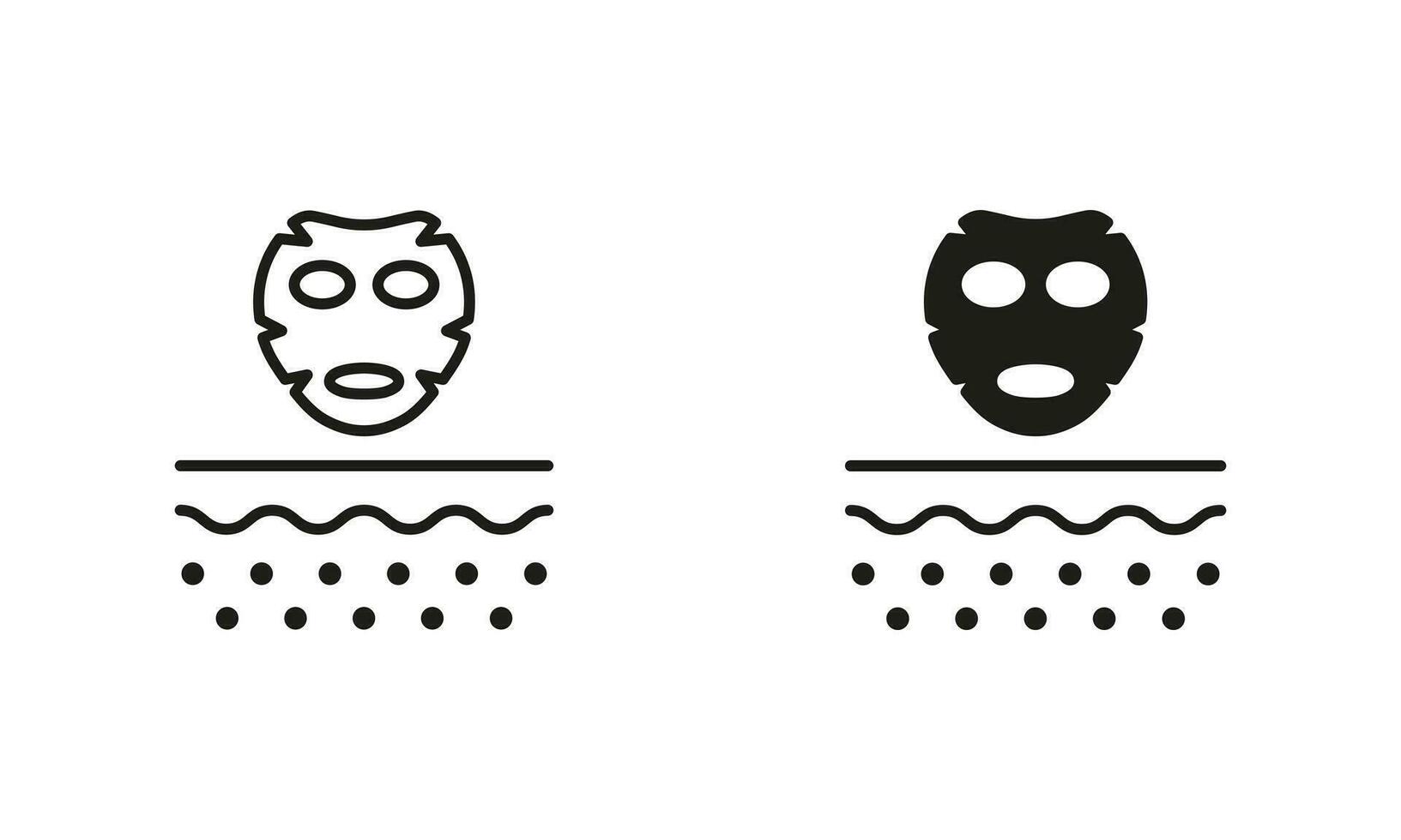 gelaats huid masker lijn en silhouet zwart icoon set. kunstmatig hygiëne huid zorg pictogram. schoonheid spa gezicht masker, dermatologie huidsverzorging behandeling symbool verzameling. geïsoleerd vector illustratie.