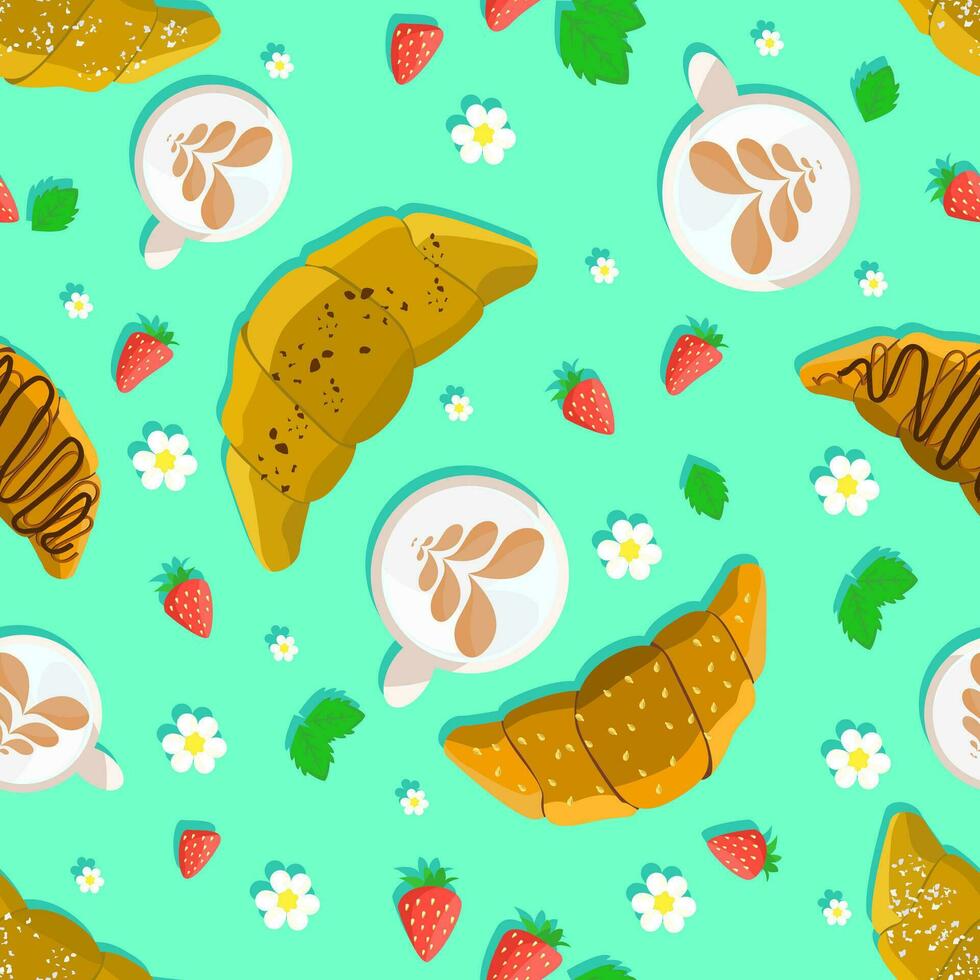 croissants en koffie met schuim, aardbei bloemen en fruit met bladeren. naadloos vector tekening voor textiel, afdrukken, behang en servetten, kleurrijk ontwerp