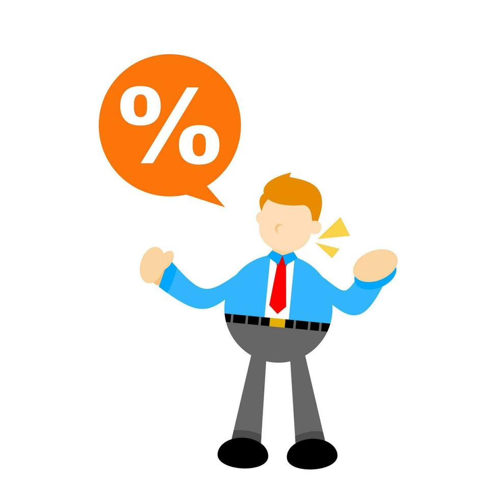 zakenman arbeider en procent oranje bubbel teken tekenfilm tekening vlak ontwerp stijl vector illustratie