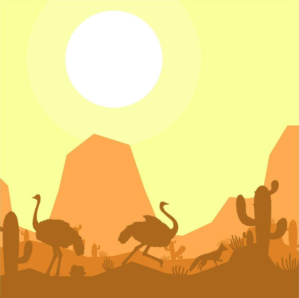 struisvogel vogel dier silhouet woestijn savanne landschap vlak ontwerp vector illustratie