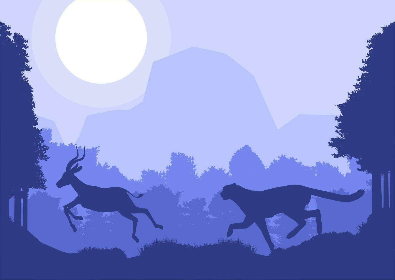 Jachtluipaard jacht Impala hert dier silhouet Woud berg landschap vlak ontwerp vector illustratie