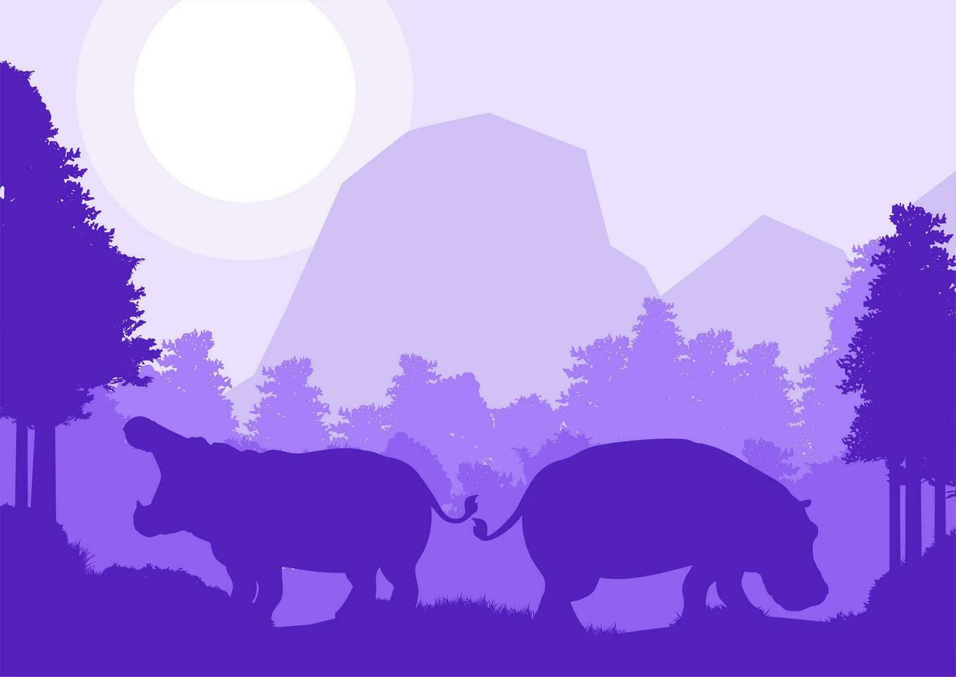 nijlpaard dier silhouet Woud berg landschap vlak ontwerp vector illustratie