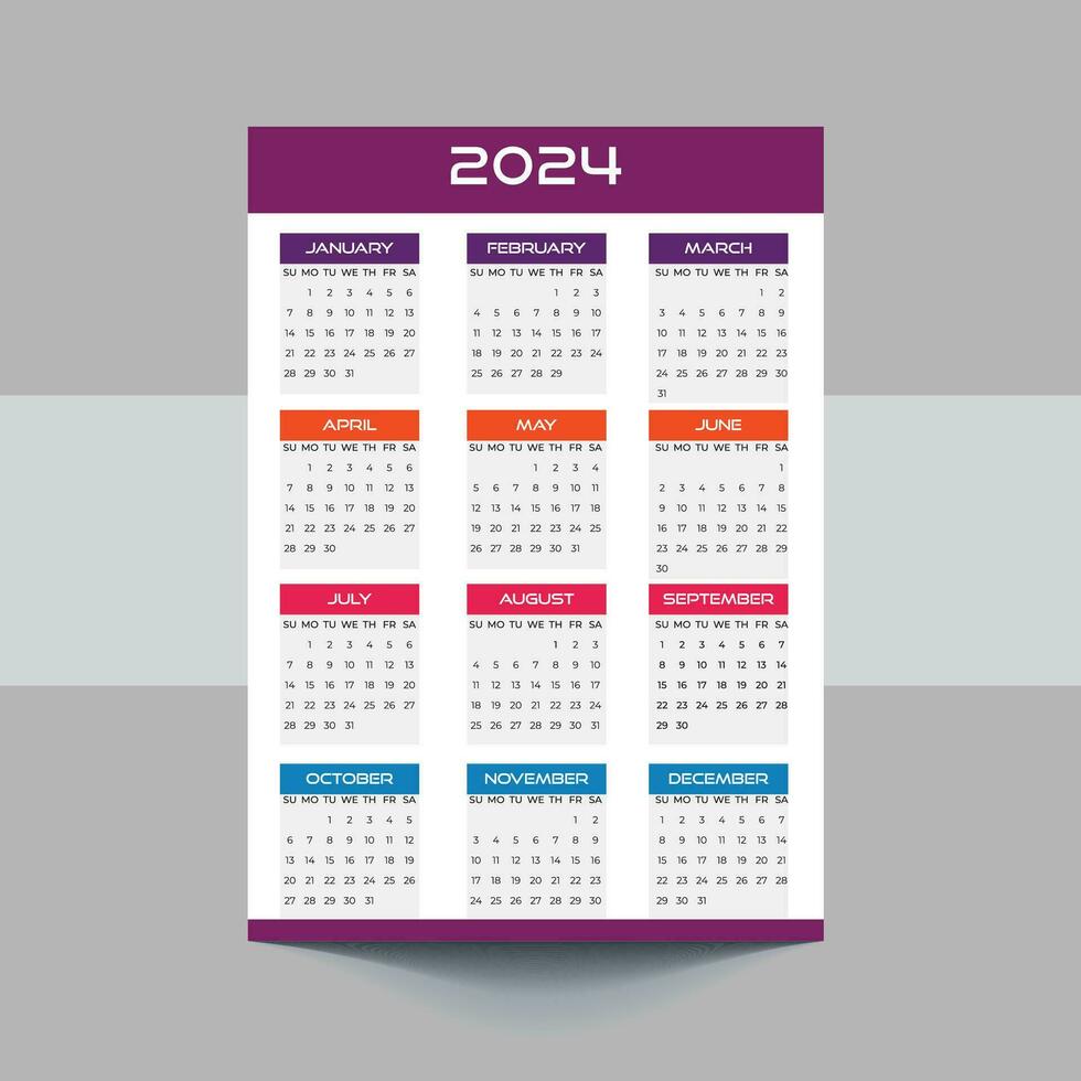 2024 kalender sjabloon ontwerp. week begint Aan zondag kantoor kalender. bureaublad ontwerper in gemakkelijk schoon stijl. zakelijke of bedrijf kalender. Engels vector kalender indeling.