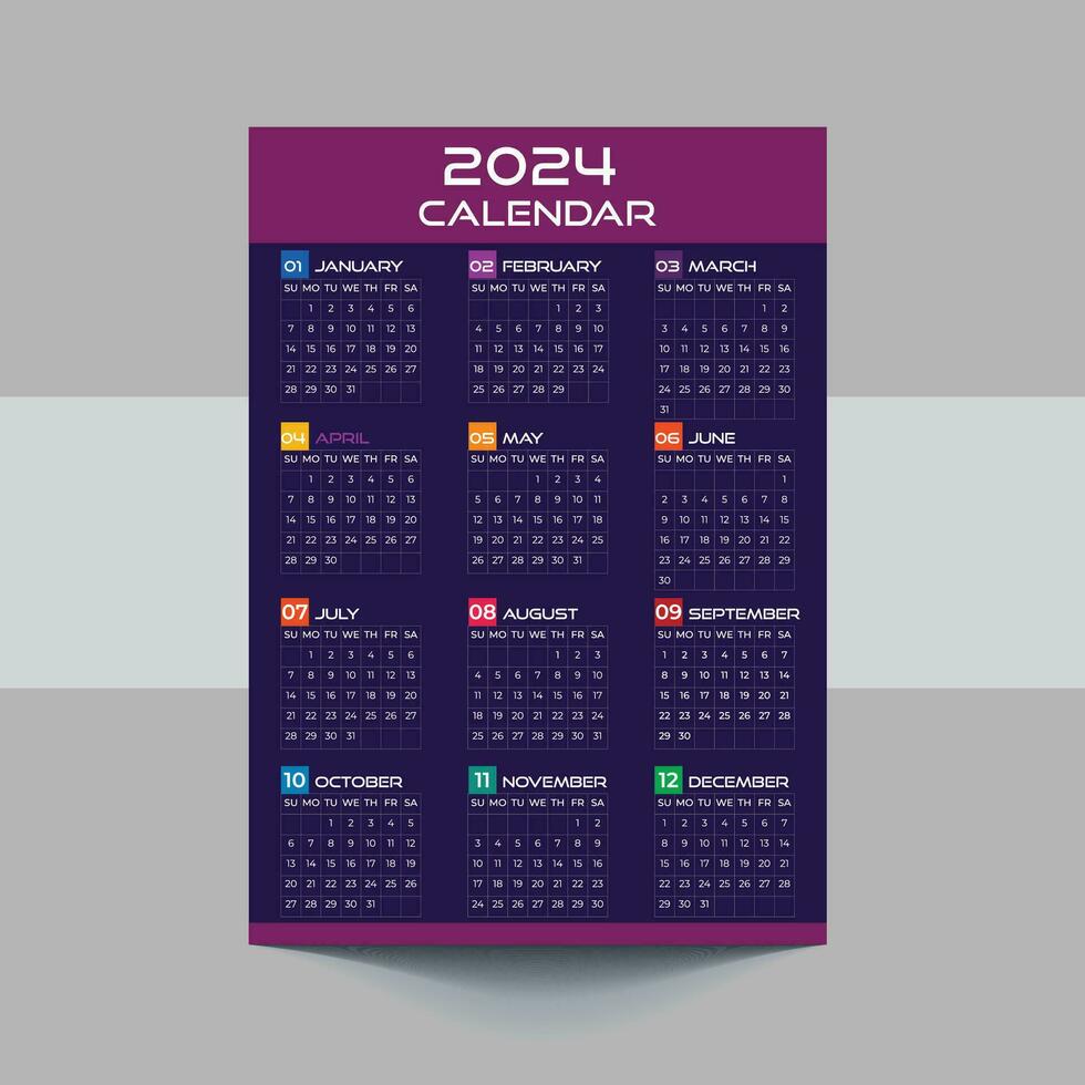 2024 kalender sjabloon ontwerp. week begint Aan zondag kantoor kalender. bureaublad ontwerper in gemakkelijk schoon stijl. zakelijke of bedrijf kalender. Engels vector kalender indeling.