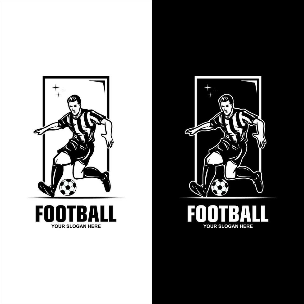 voetbal embleem met een silhouet van de speler en bal geïsoleerd monochroom afbeelding vector