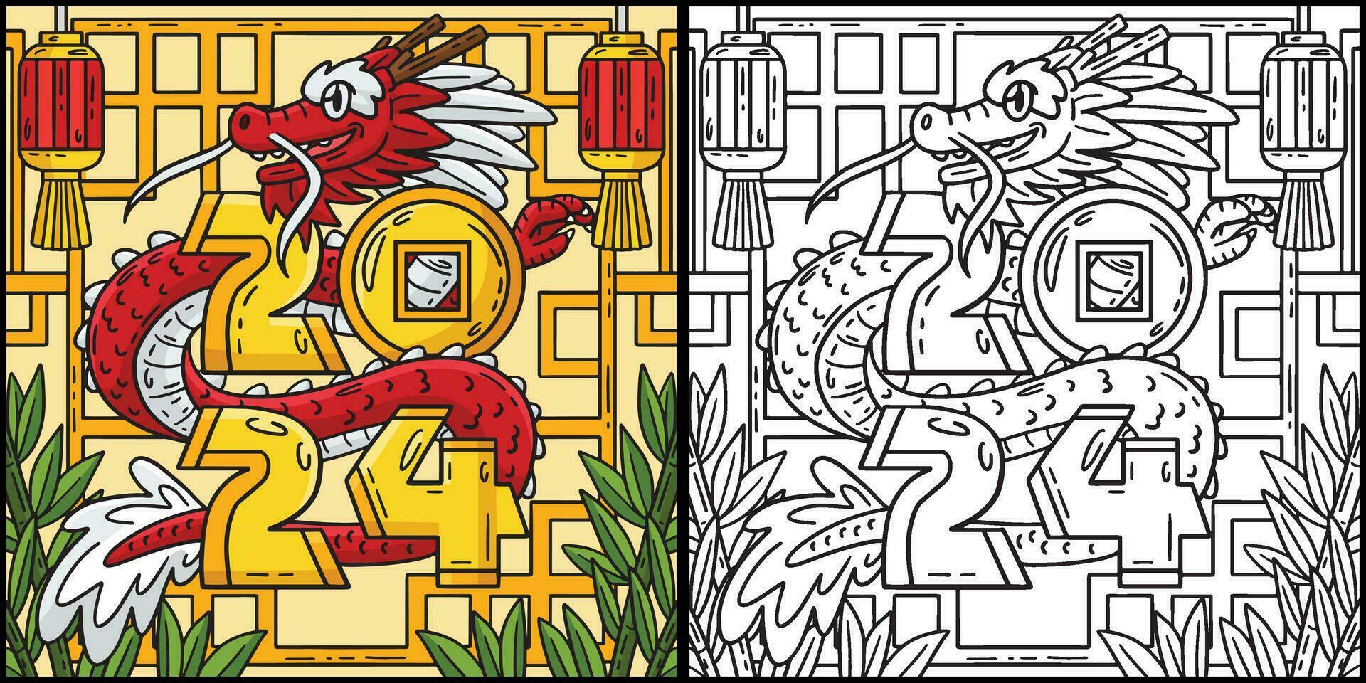 jaar van de draak 2024 kleur bladzijde illustratie vector