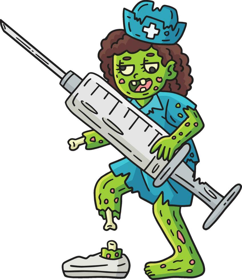 zombie verpleegster met injectiespuit tekenfilm gekleurde clip art vector