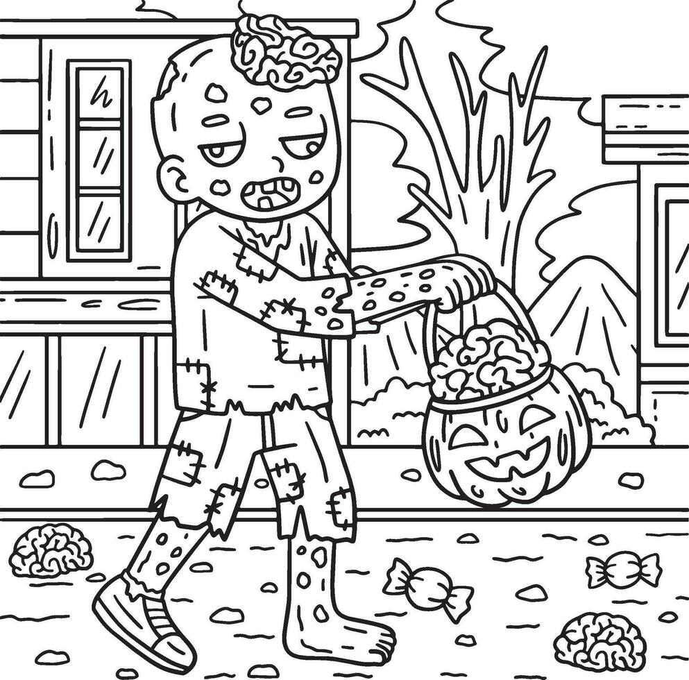 zombie met halloween mand kleur Pagina's vector