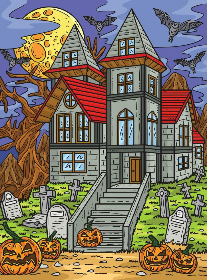 halloween achtervolgd huis gekleurde tekenfilm vector