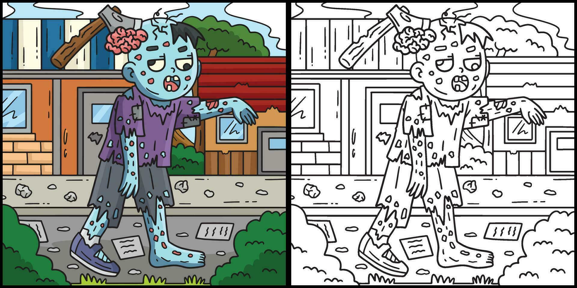 zombie met een bijl hoofd kleur bladzijde illustratie vector