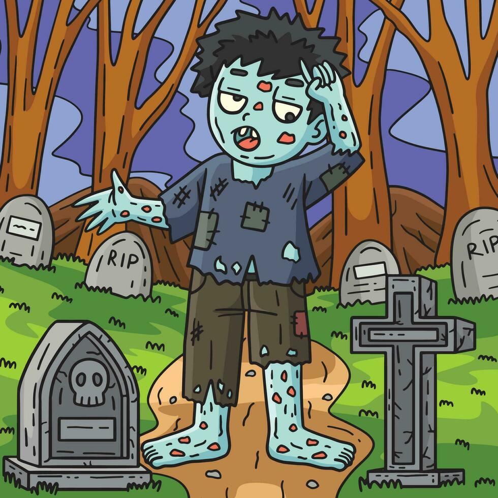 zombie in een begraafplaats gekleurde tekenfilm illustratie vector