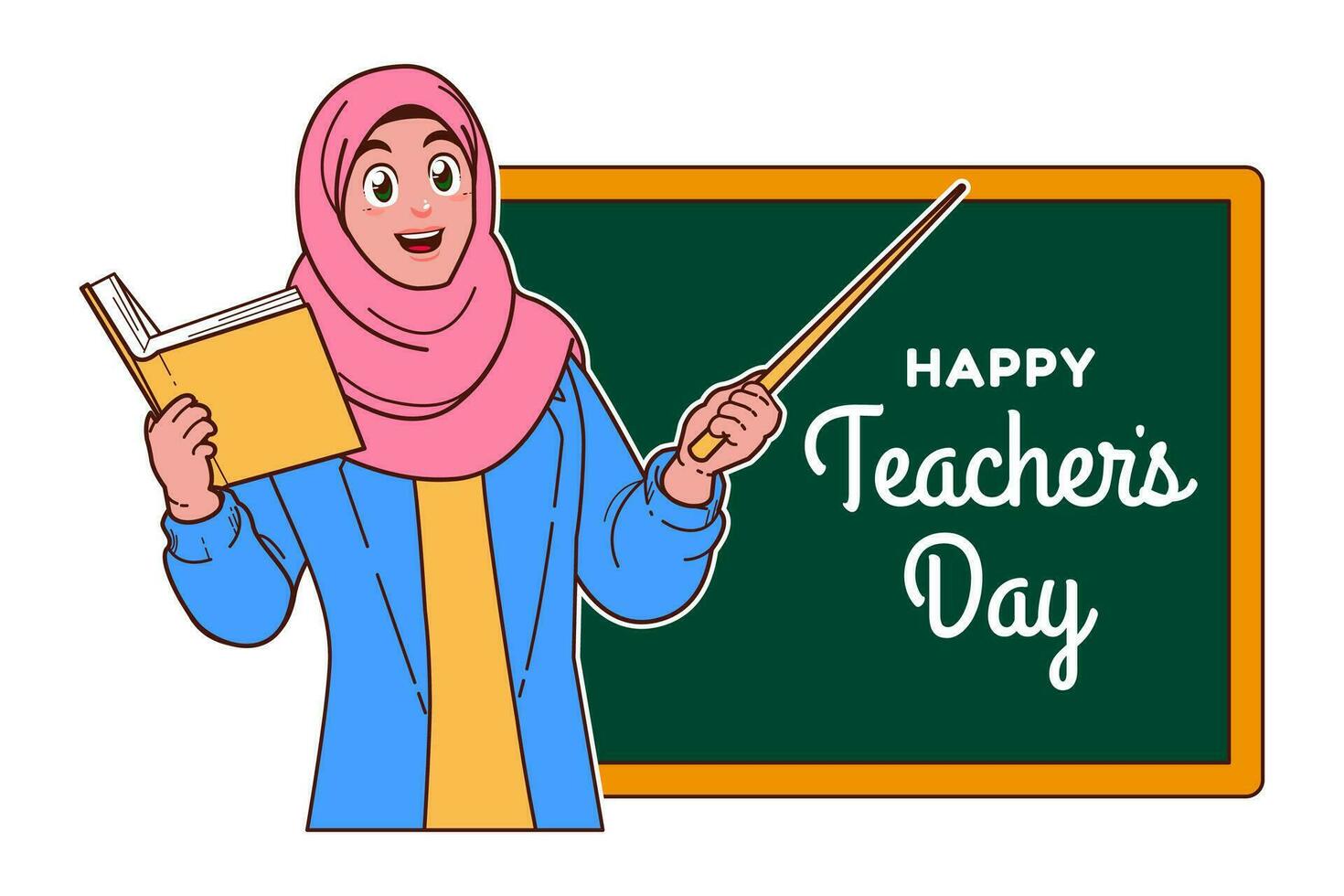 gelukkig leraren dag met moslim vrouw leraar en schoolbord vector