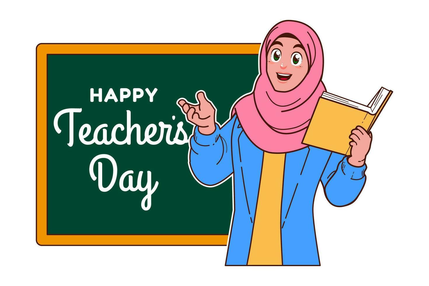 gelukkig leraren dag met moslim vrouw leraar en schoolbord vector