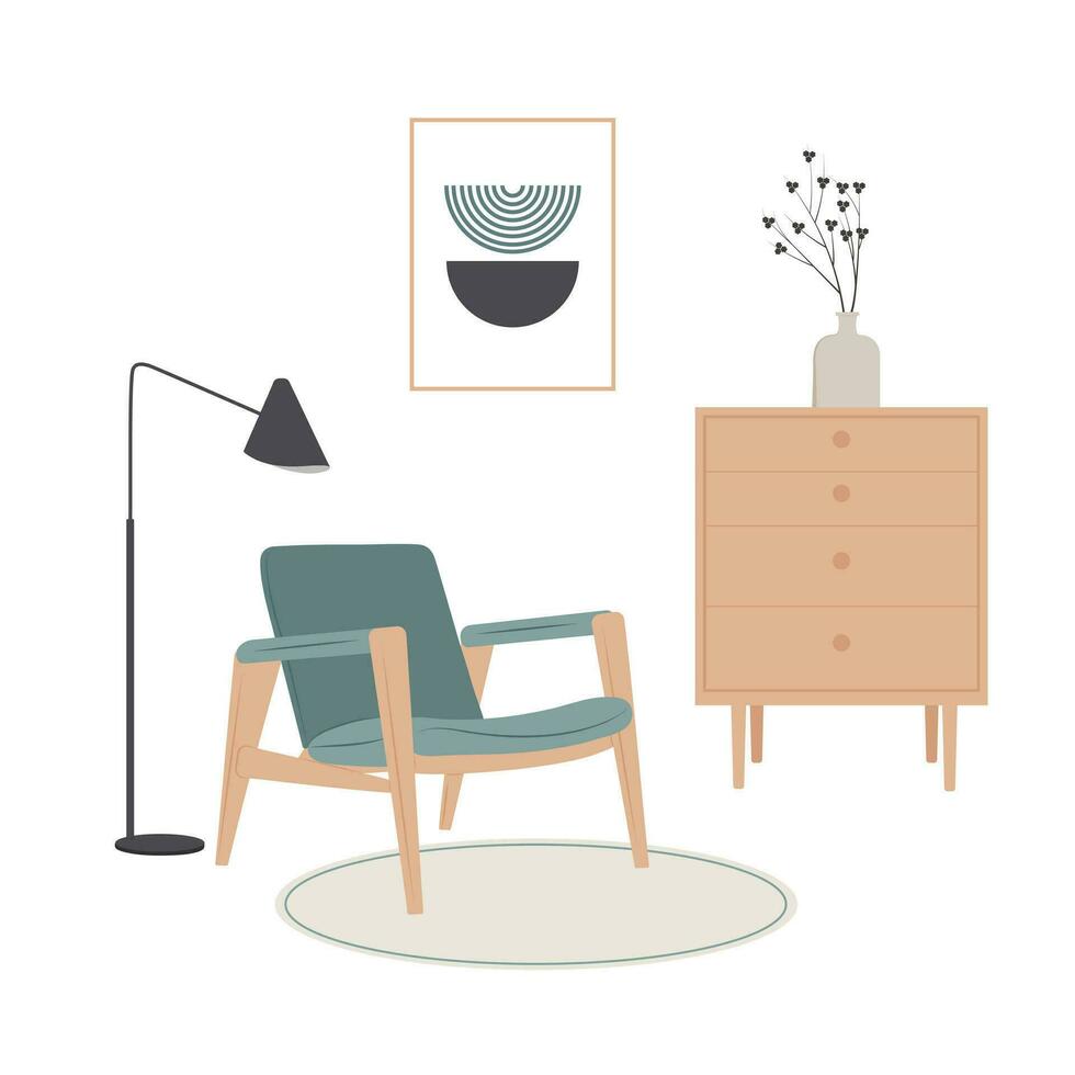 Scandinavisch interieur met comfortabel stoel, lamp, en afbeelding. het is een vlak tekenfilm illustratie. vector