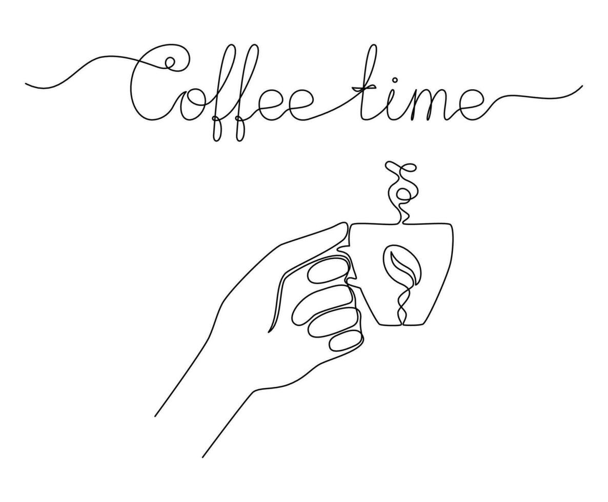 doorlopend een lijn tekening van hand- Holding een koffie kop met opschrift koffie tijd. heet drank met stoom- en belettering. sjabloon voor afdrukken, kaart, menu, poster. schetsen, lijn kunst. minimalistische vector