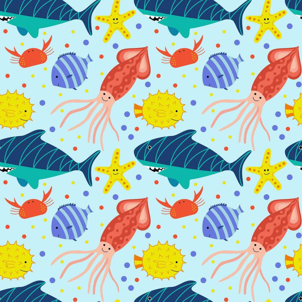patroon voor kinderen met een tekenfilm onderwater- wereld. naadloos achtergrond met schattig glimlachen vis, krab, zeester, haai en Octopus. nautische elementen. vector illustraties.