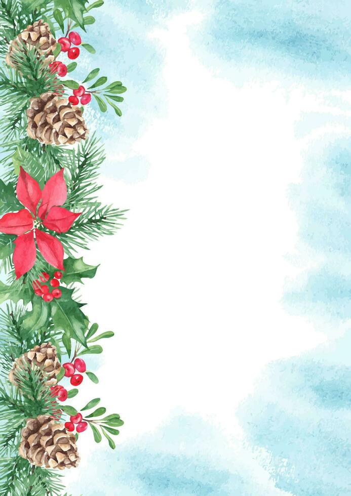 Kerstmis kaart sjabloon met pijnboom ijshoorntje en takken, hulst fabriek met rood bessen, kerstster en rode bosbes of bosbes. blauw waterverf spatten. voor opslaan de datum of groet kaarten. vector