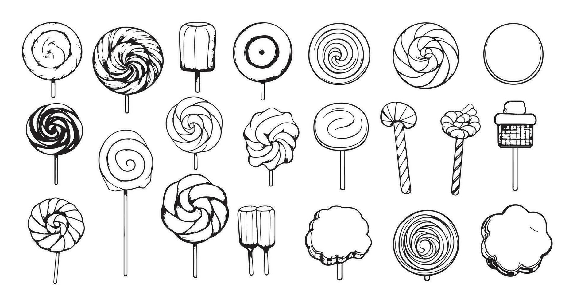 reeks van divers krabbels, hand- getrokken ruw gemakkelijk snoepgoed en snoepjes schetsen. vector illustratie