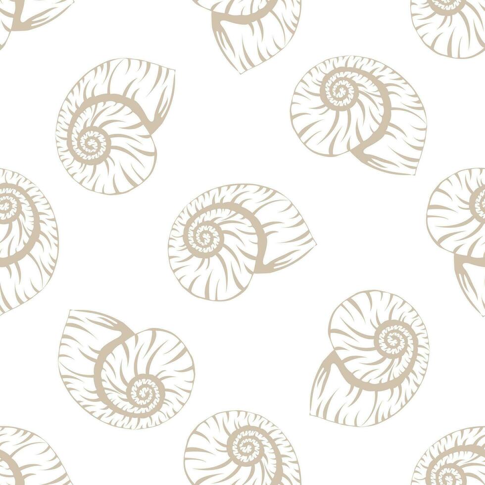 naadloos patroon met schelpen. achtergrond met zeeschelp Aan wit. structuur van een tropisch zee weekdier of slak met een spiraal schelp. vector illustratie.
