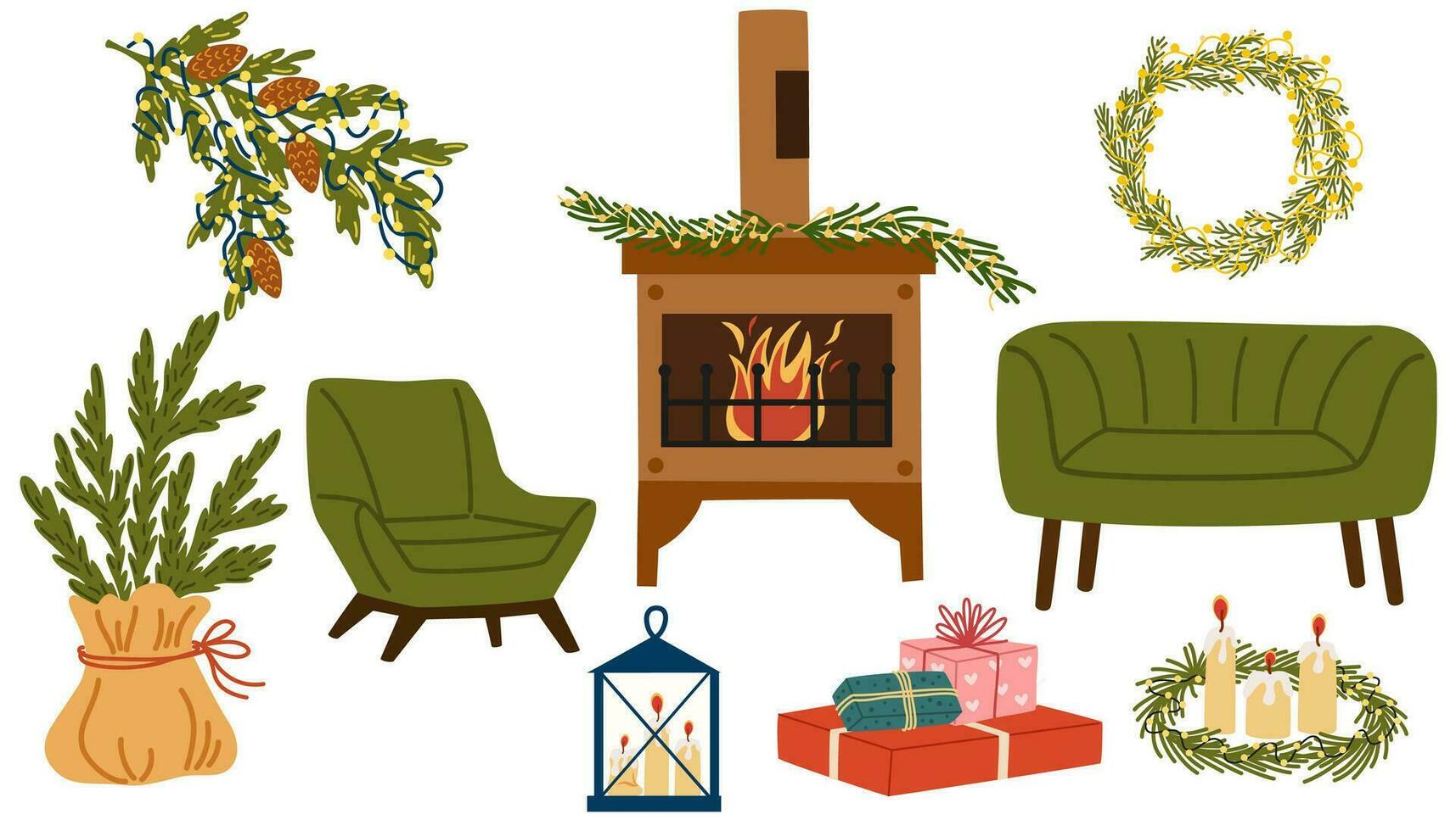 Kerstmis interieur elementen set. bank, vaas, kaars, stoel en tafel. winter vakantie huis decoraties. knus huis meubilair. vector hand- trek illustratie geïsoleerd