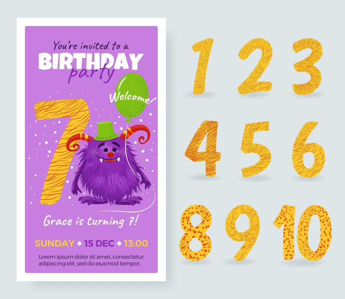 gelukkig verjaardag kaart met schattig tekenfilm monster, aantal en ballon. verjaardag verjaardag getallen van 1 naar 10 voor verschillend leeftijd. verjaardag partij uitnodiging kaart, geïsoleerd sjabloon voor kinderen. vector. vector