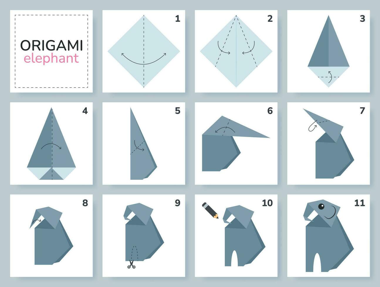 zelfstudie origami regeling met olifant. geïsoleerd origami elementen Aan grijs achtergrond. origami voor kinderen. stap door stap hoe naar maken origami olifant. vector illustratie.