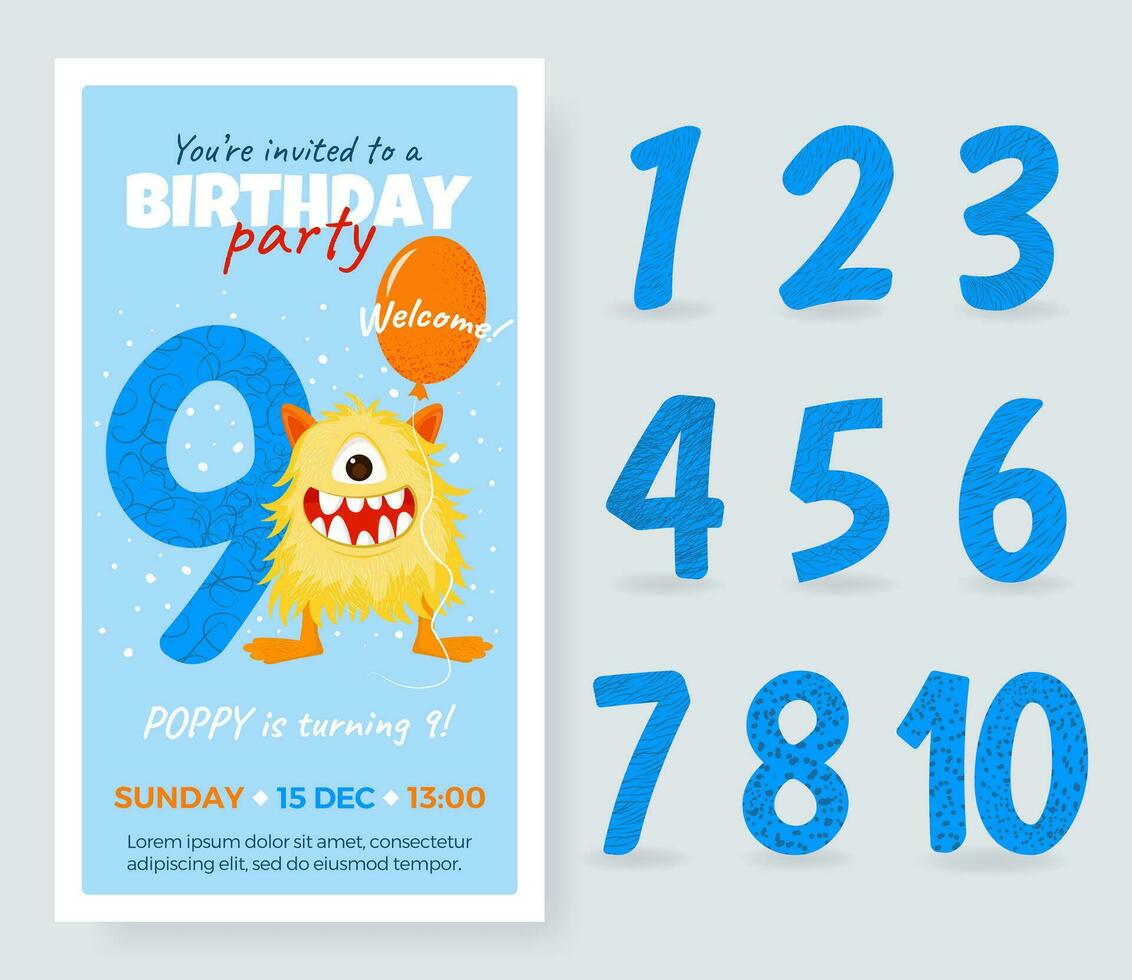 gelukkig verjaardag kaart met schattig tekenfilm monster, aantal en ballon. verjaardag verjaardag getallen van 1 naar 10 voor verschillend leeftijd. verjaardag partij uitnodiging kaart, geïsoleerd sjabloon voor kinderen. vector. vector