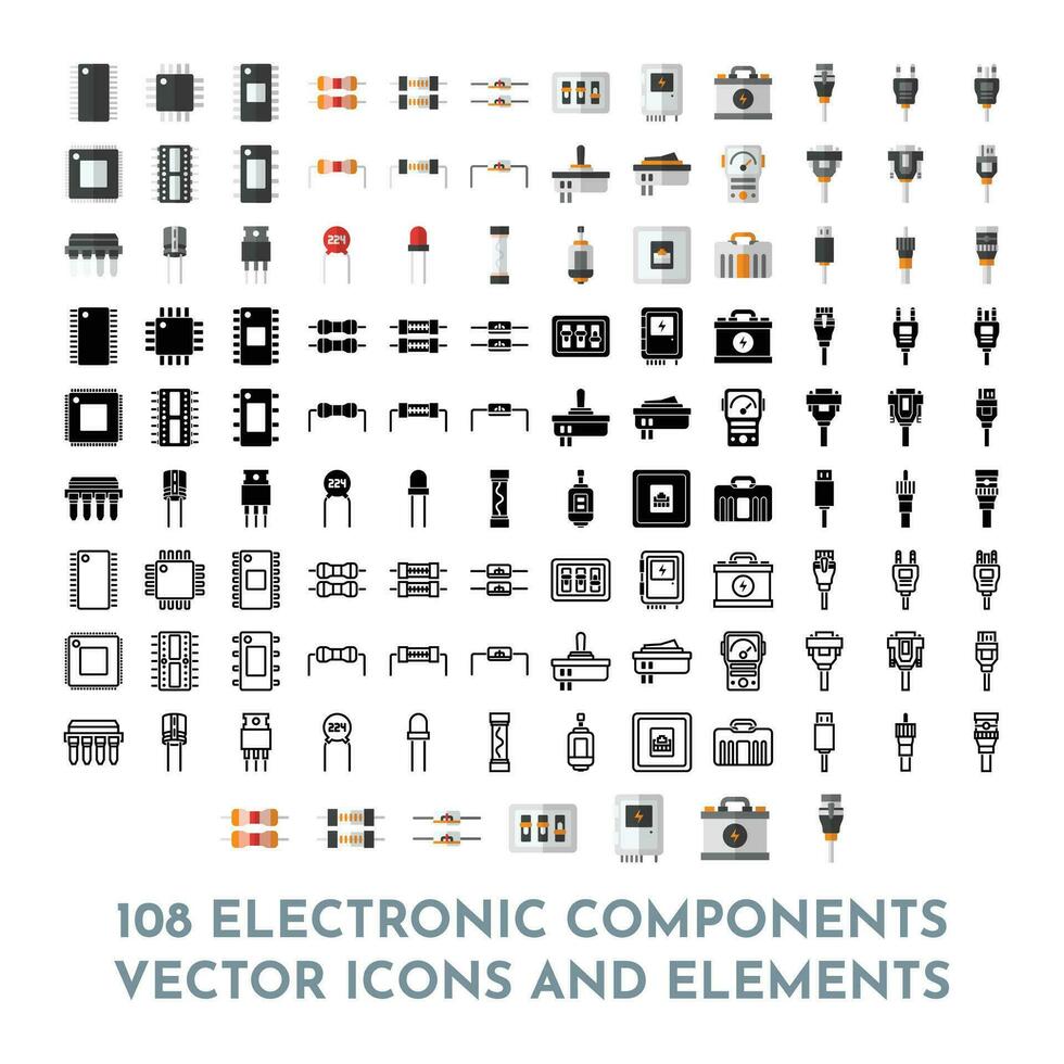 108 elektronisch componenten vector icoon pak en elementen