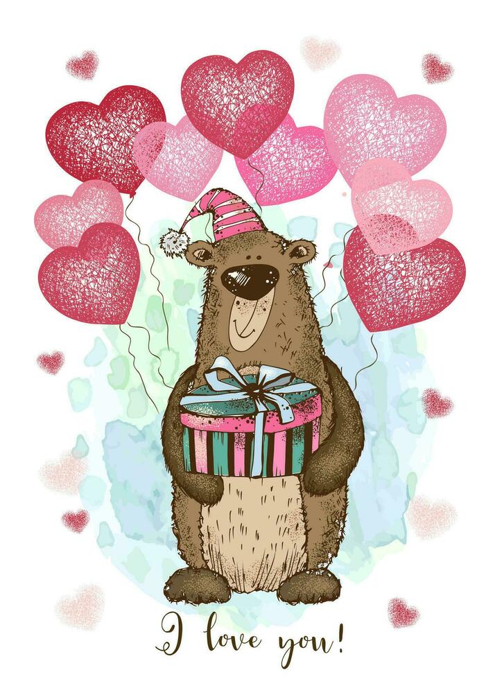 een Valentijnsdag dag kaart. schattig teddy beer met ballonnen in de vorm van een hart. waterverf achtergrond. vector. vector