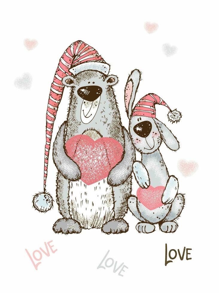 een Valentijnsdag dag kaart. schattig konijn en teddy beer met een groot hart. vector. vector