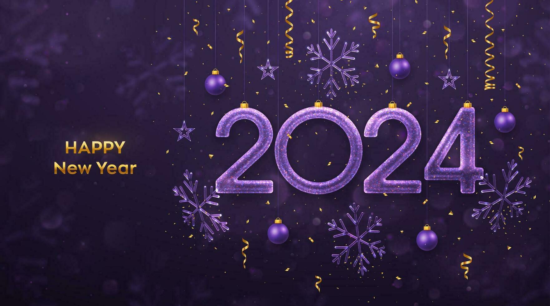 gelukkig nieuw jaar 2024. hangende schitteren ijs getallen 2024 met glinsterende sneeuwvlokken, sterren, ballen, confetti Aan Purper achtergrond. nieuw jaar groet kaart, banier, folder, poster. vector illustratie.